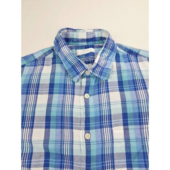 Uniqlo Size Medium Mens Blue White Check Short Sleeve Linen Cotton Blend Shirt - Picture 1 of 9